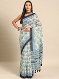 Blue cotton blend saree featuring traditional Dabu style prints with unstitched blouse piece