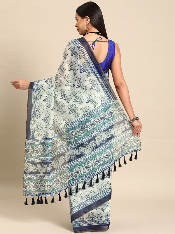 Blue Cotton Blend Dabu Printed Saree with Unstitched Blouse