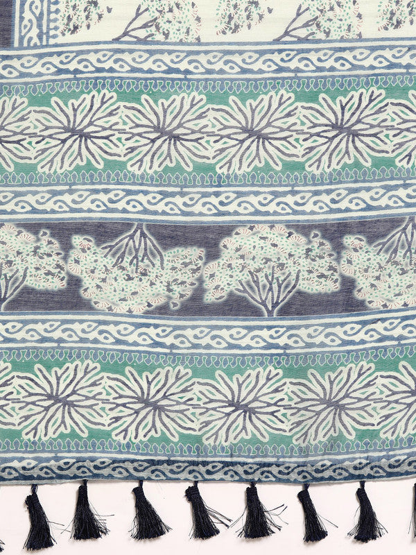 Blue Cotton Blend Dabu Printed Saree with Unstitched Blouse