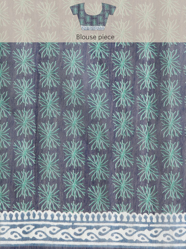Blue Cotton Blend Dabu Printed Saree with Unstitched Blouse