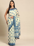 Blue cotton blend Dabu printed saree with unstitched blouse