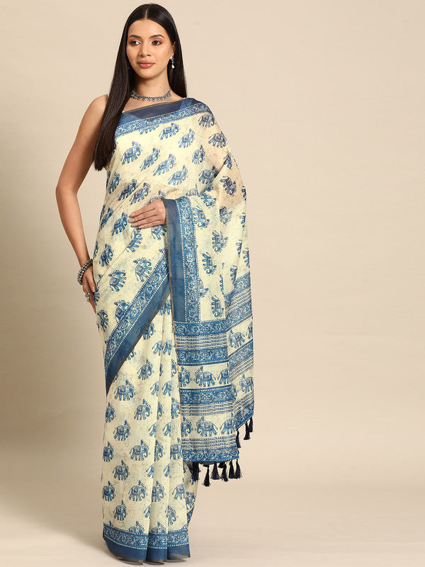 Blue cotton blend Dabu printed saree with unstitched blouse