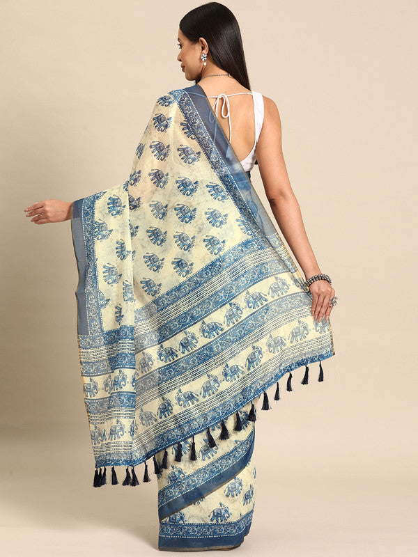 Blue Cotton Blend Dabu Printed Saree with Unstitched Blouse