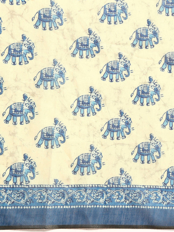 Blue Cotton Blend Dabu Printed Saree with Unstitched Blouse