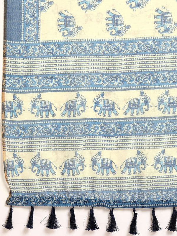 Blue Cotton Blend Dabu Printed Saree with Unstitched Blouse