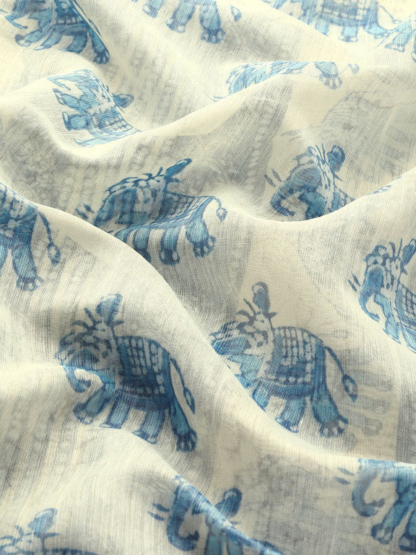 Blue Cotton Blend Dabu Printed Saree with Unstitched Blouse