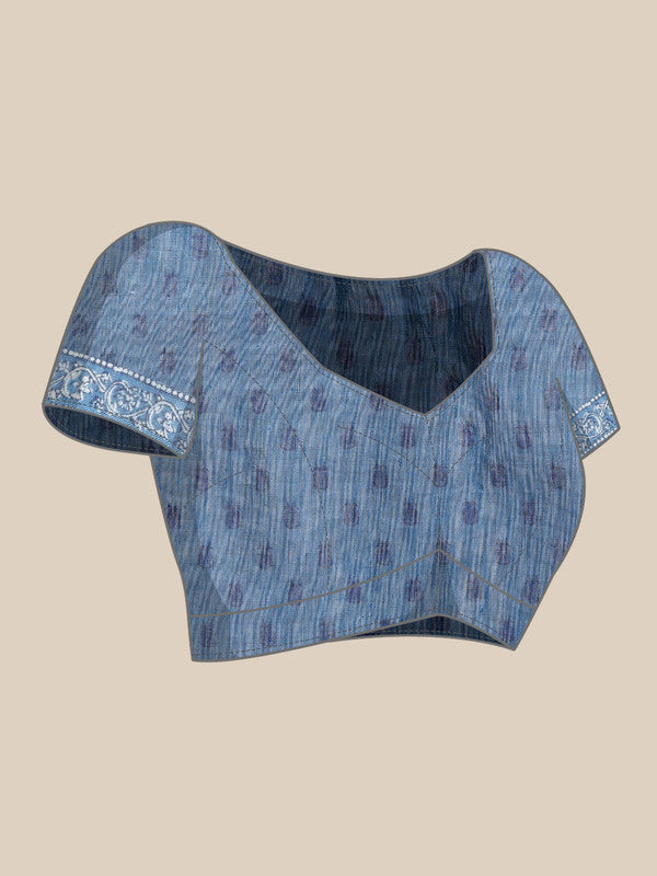 Blue Cotton Blend Dabu Printed Saree with Unstitched Blouse
