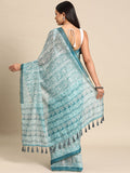 Turquoise Cotton Blend Printed Dabu Saree with Unstitched Blouse - Hiral Fashion