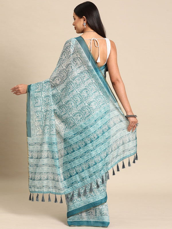 Turquoise Cotton Blend Printed Dabu Saree with Unstitched Blouse - Hiral Fashion