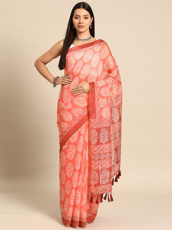 Peach cotton blend saree with traditional Dabu print and matching unstitched blouse.