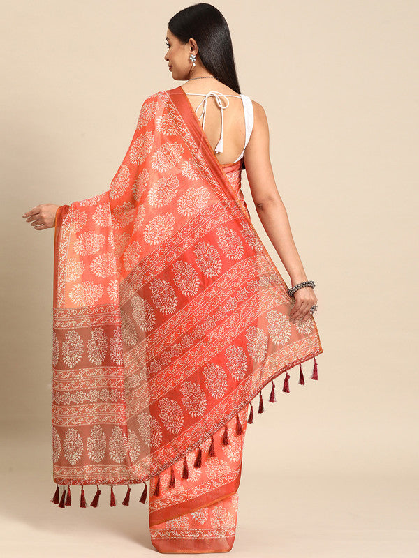 Peach Cotton Blend Printed Dabu Saree with Unstitched Blouse