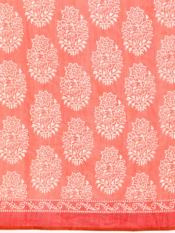 Peach Cotton Blend Printed Dabu Saree with Unstitched Blouse