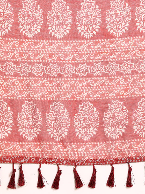 Peach Cotton Blend Printed Dabu Saree with Unstitched Blouse