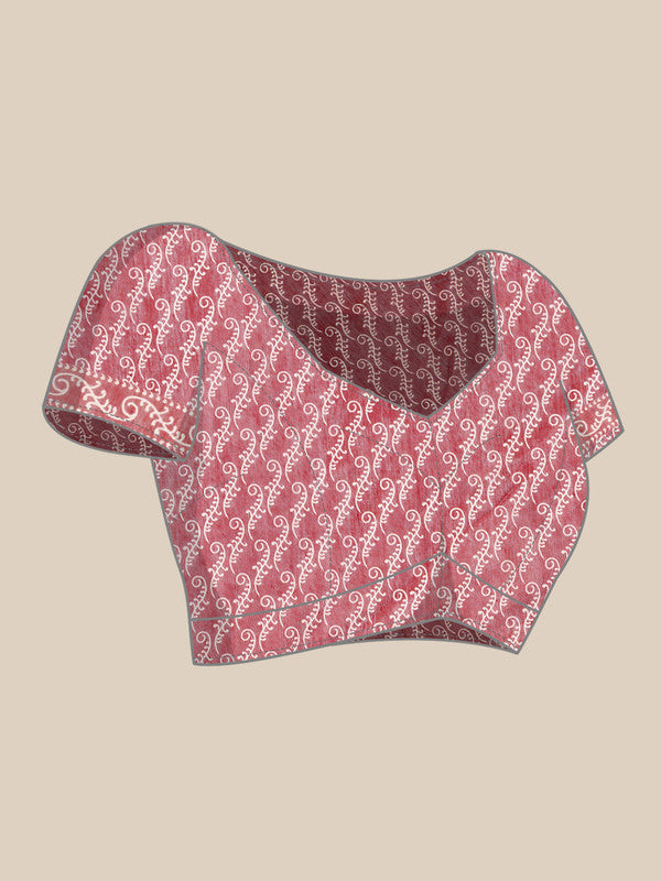 Peach Cotton Blend Printed Dabu Saree with Unstitched Blouse