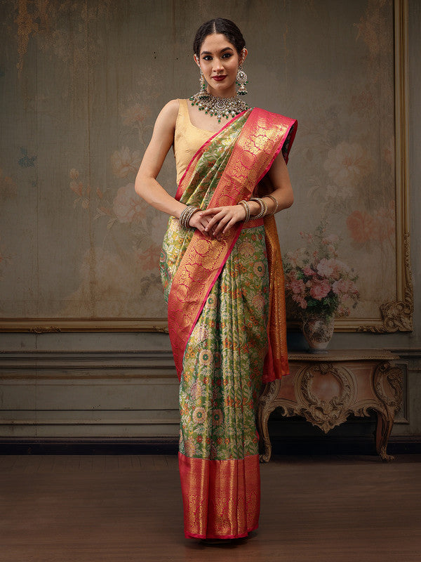 Green Pure Silk saree with intricate woven Zari design and floral print