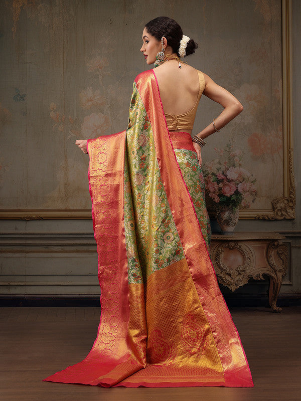 Green Pure Silk Woven Zari Design Floral Saree with Blouse