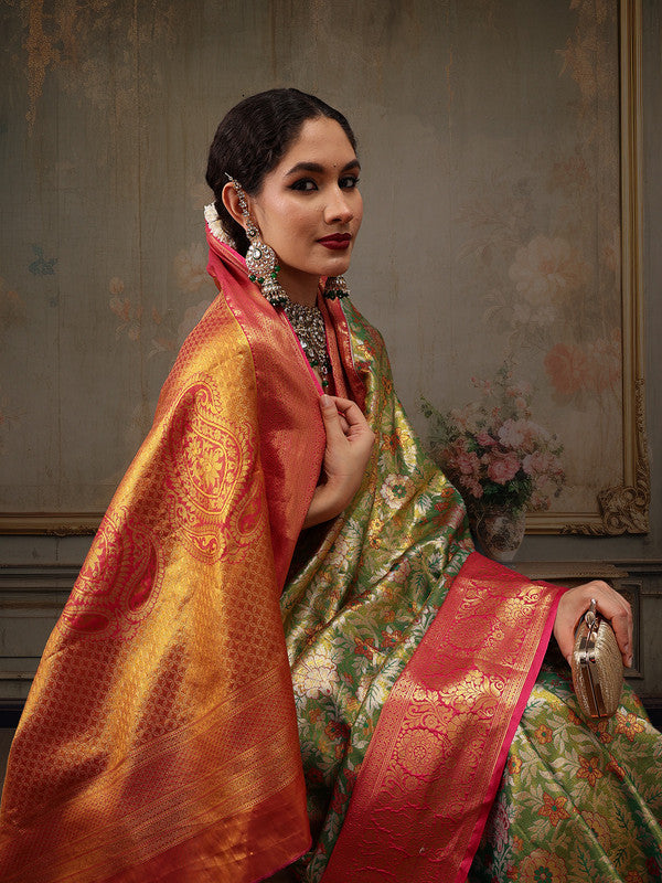 Green Pure Silk Woven Zari Design Floral Saree with Blouse