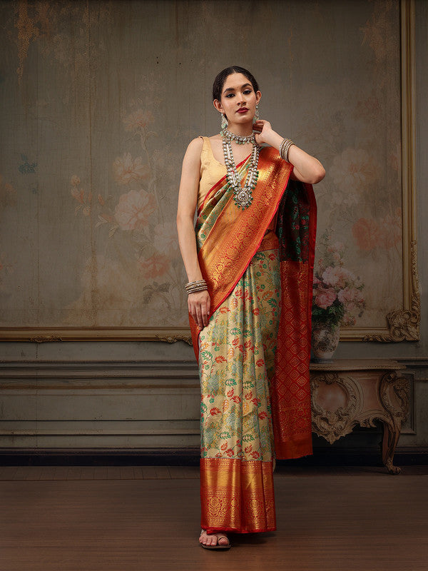 Gray pure silk saree with elegant woven Zari floral design and unstitched blouse