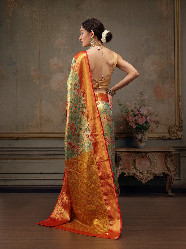 Gray Pure Silk Saree with Zari Floral Design & Unstitched Blouse