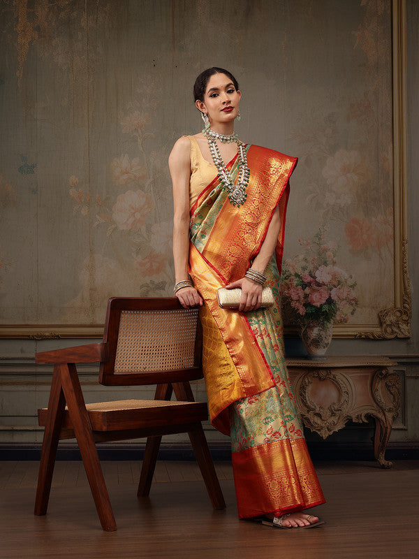 Gray Pure Silk Saree with Zari Floral Design & Unstitched Blouse