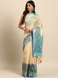 Beige silk blend saree with gold zari paisley weave and matching unstitched blouse