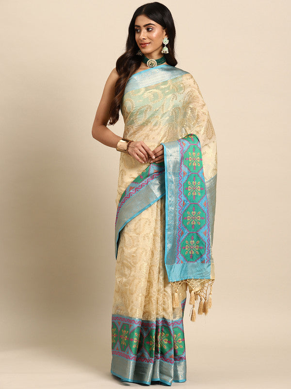 Beige silk blend saree with gold zari paisley weave and matching unstitched blouse