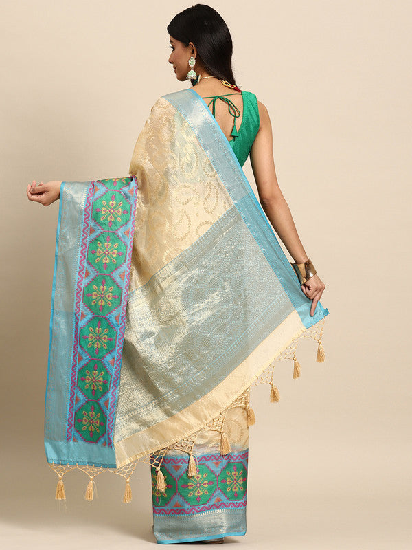 Beige Silk Blend Paisley Woven Zari Saree with Unstitched Blouse