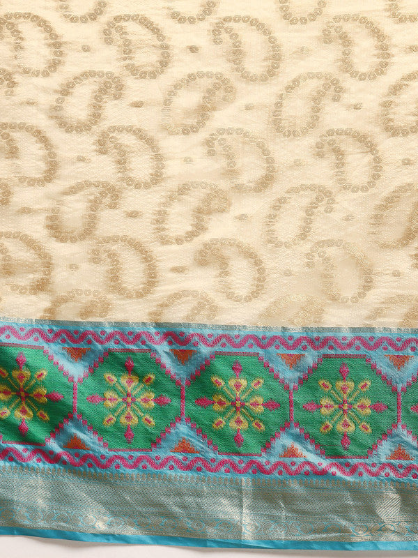 Beige Silk Blend Paisley Woven Zari Saree with Unstitched Blouse