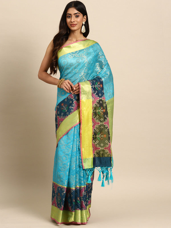 Blue silk blend saree with geometric zari weave patterns and unstitched blouse piece