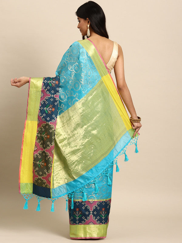 Blue Silk Blend Saree with Geometric Zari Weave & Blouse Piece