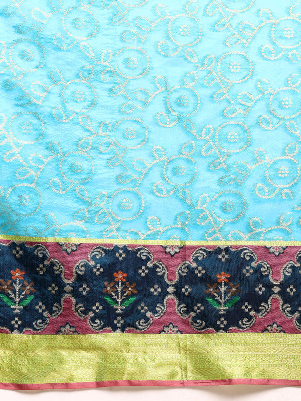 Blue Silk Blend Saree with Geometric Zari Weave & Blouse Piece