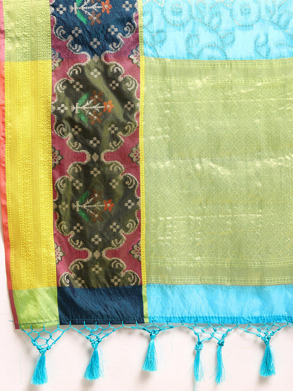 Blue Silk Blend Saree with Geometric Zari Weave & Blouse Piece