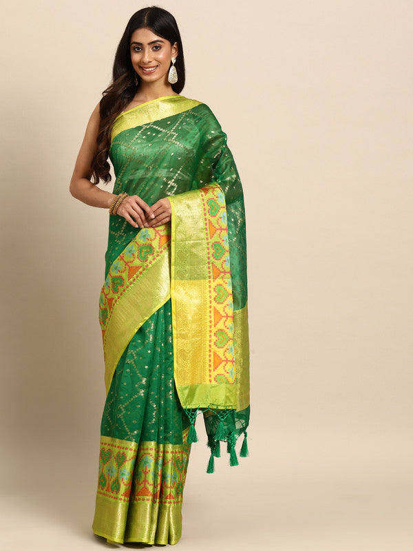 Green silk blend saree with vertical striped zari design and unstitched blouse