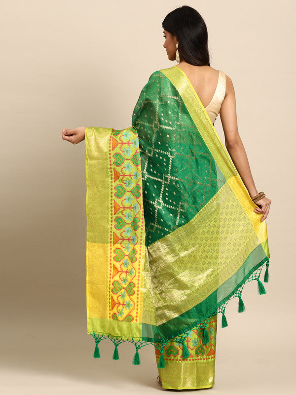 Green Silk Blend Striped Saree with Zari Design & Blouse Piece
