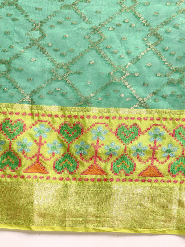 Green Silk Blend Striped Saree with Zari Design & Blouse Piece