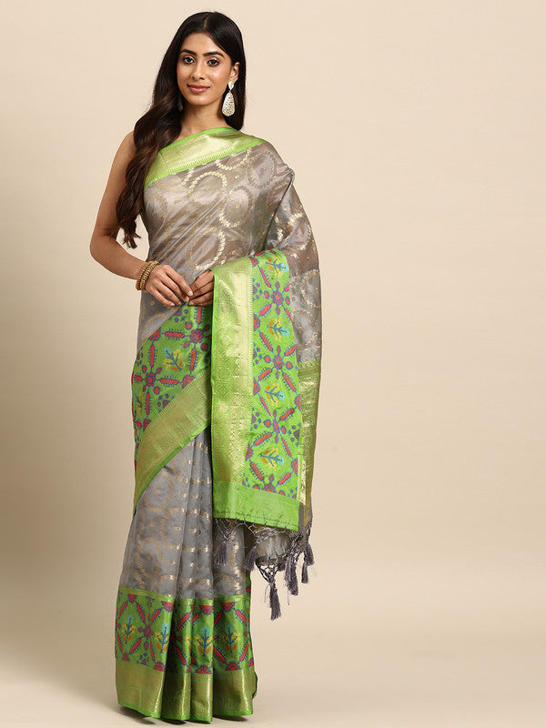 Gray Silk Blend saree with modern geometric print and zari details.