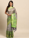 Gray Silk Blend saree with modern geometric print and zari details.
