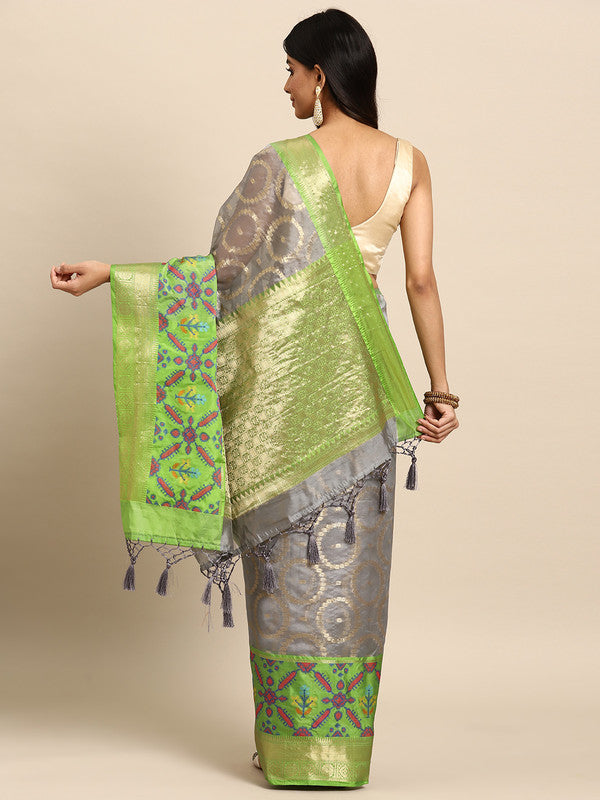 Gray Silk Blend Geometric Saree with Woven Zari Design