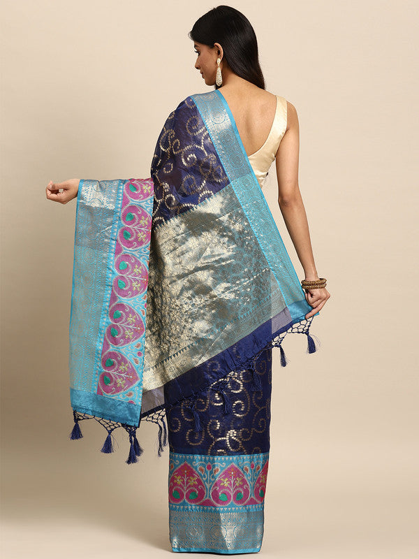 Navy Blue Silk Blend Woven Zari Floral Saree with Blouse