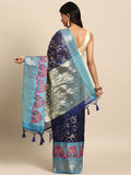 Navy Blue Silk Blend Woven Zari Floral Saree with Blouse