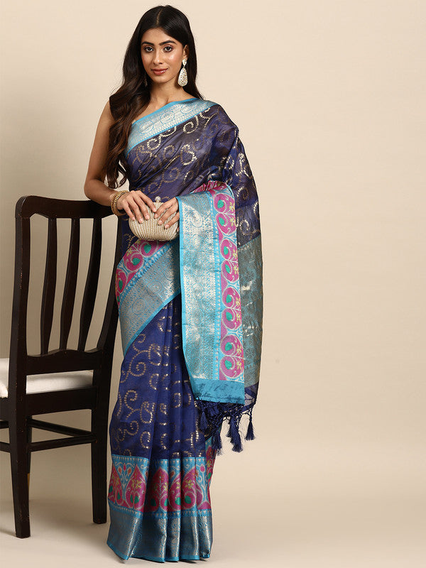 Navy blue silk blend saree with woven Zari floral details and unstitched blouse