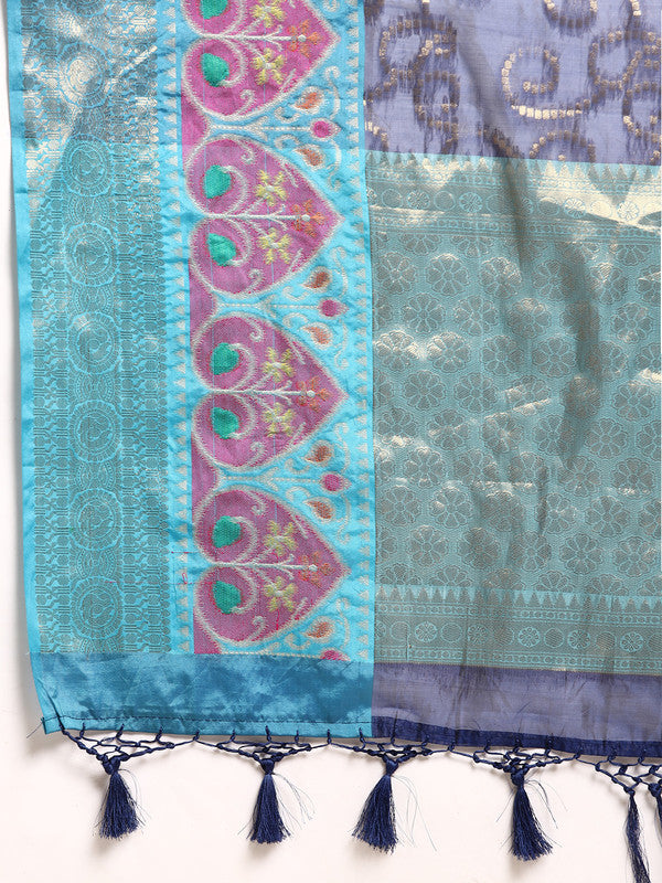Navy Blue Silk Blend Woven Zari Floral Saree with Blouse