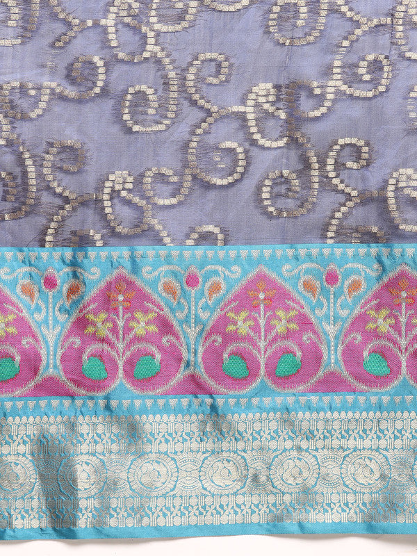 Navy Blue Silk Blend Woven Zari Floral Saree with Blouse