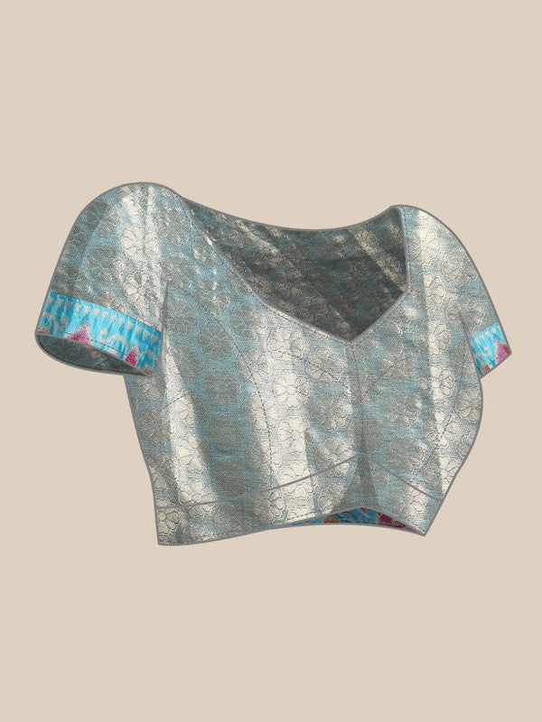 Navy Blue Silk Blend Woven Zari Floral Saree with Blouse