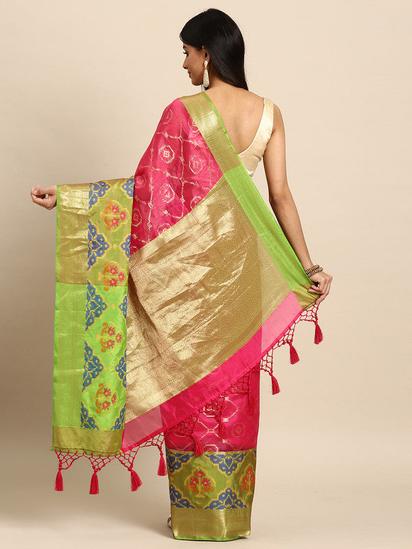 Pink Silk Blend Woven Zari Geometric Saree with Blouse Piece