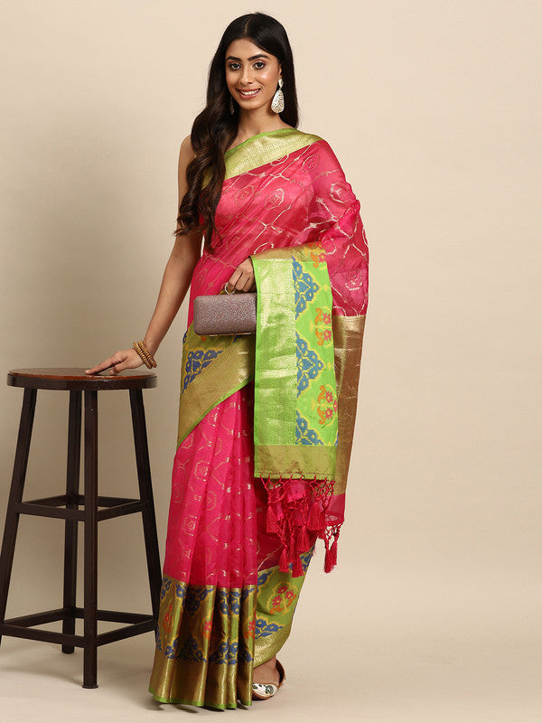 Pink silk blend saree with intricate woven gold zari geometric designs and blouse piece