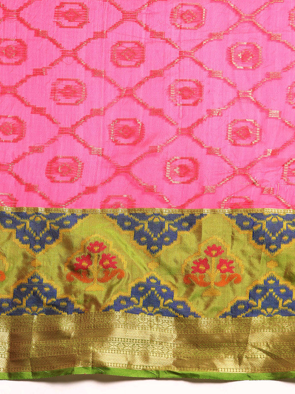 Pink Silk Blend Woven Zari Geometric Saree with Blouse Piece