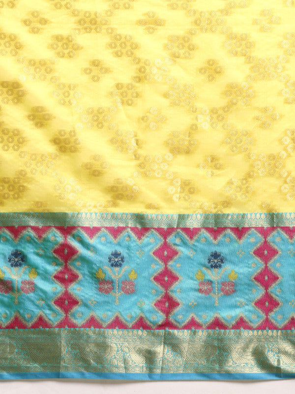 Yellow Geometric Woven Zari Silk Blend Saree with Blouse Piece