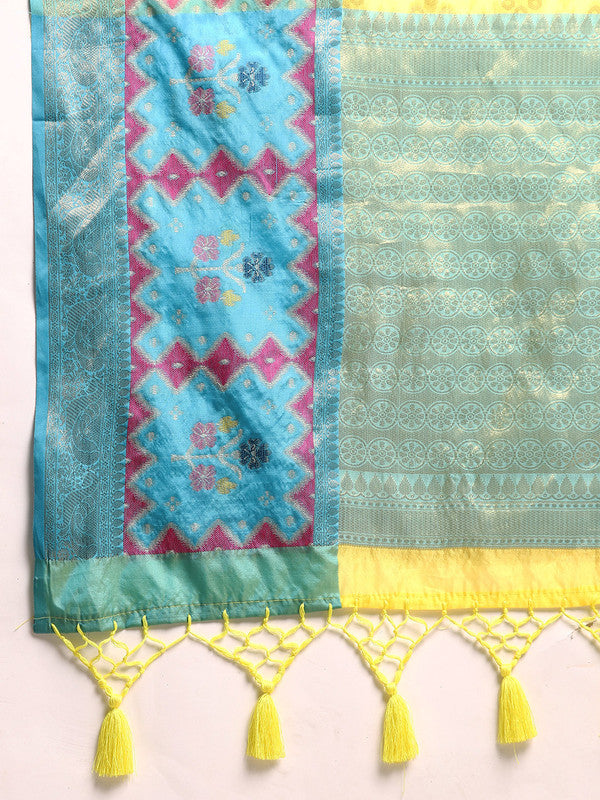 Yellow Geometric Woven Zari Silk Blend Saree with Blouse Piece