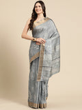 Gray silk blend saree with floral digital print and matching unstitched blouse